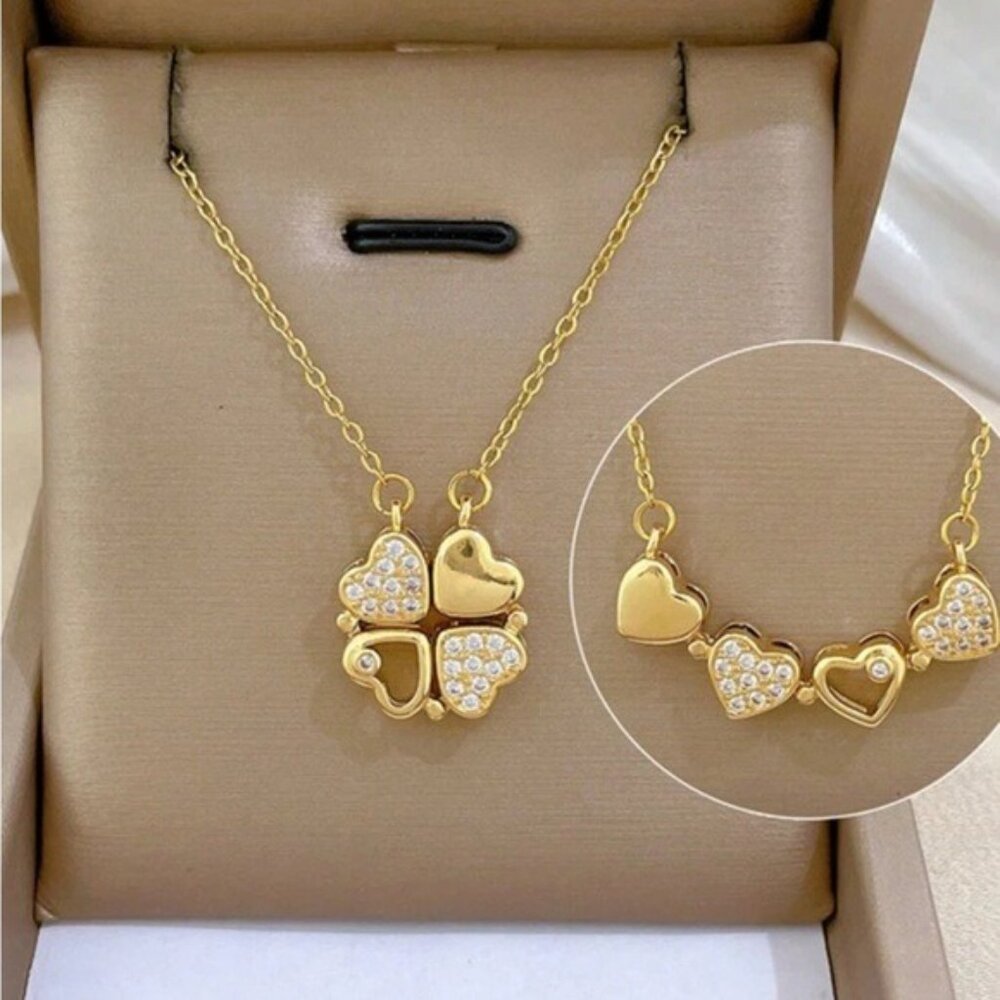 Versátil Necklace Heart Chain Four Cubic Zirconia Stainless Steel